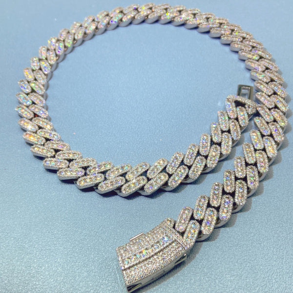 10k White Gold VS Diamonds 15mm Cluster Cuban Chain