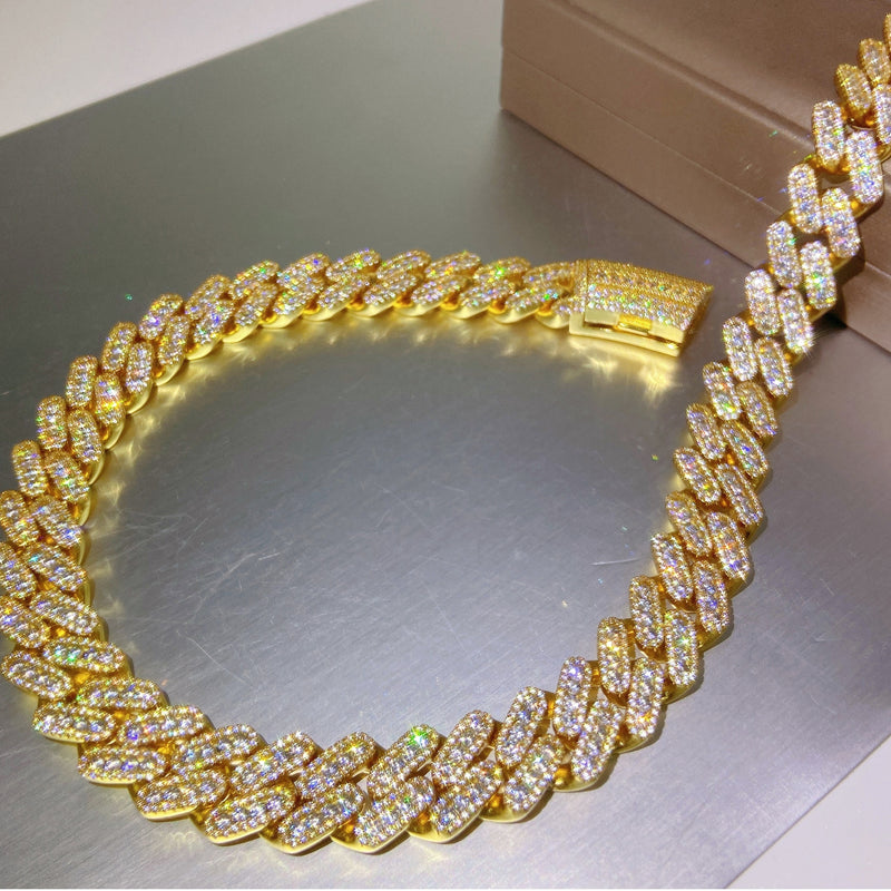 10k Yellow Gold VS Diamonds 15mm Cluster Cuban Chain 18k Gold