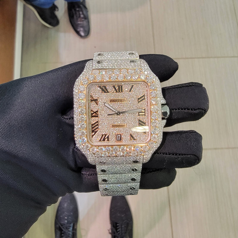 40mm 2-Tone Si1 Diamonds Iced Santos De Cartier Everose