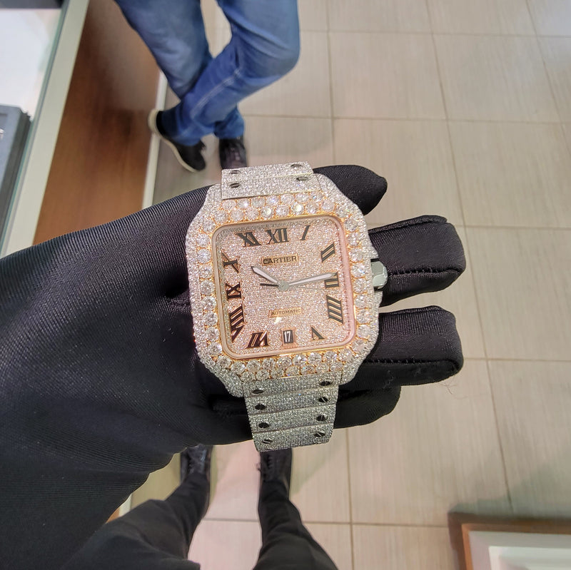 40mm 2-Tone Si1 Diamonds Iced Santos De Cartier Everose