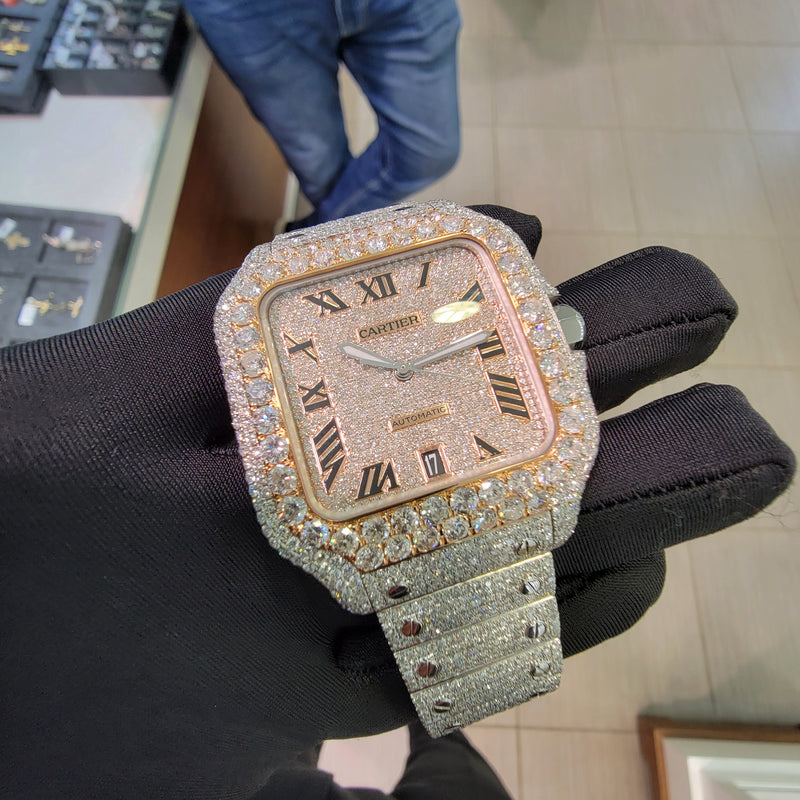 40mm 2-Tone Si1 Diamonds Iced Santos De Cartier Everose