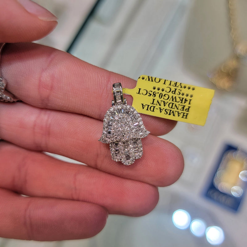 14k White Gold VVS Diamonds Baguette Hamsa Pendant