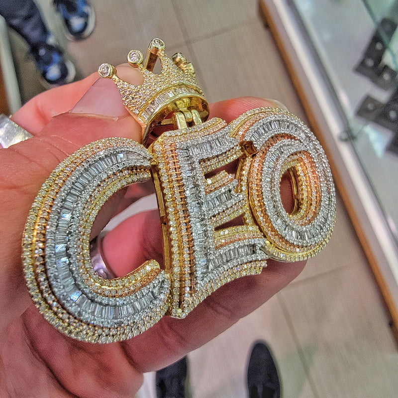 10k Solid Gold 3-Tone Si1 Diamonds Baguette CEO Pendant