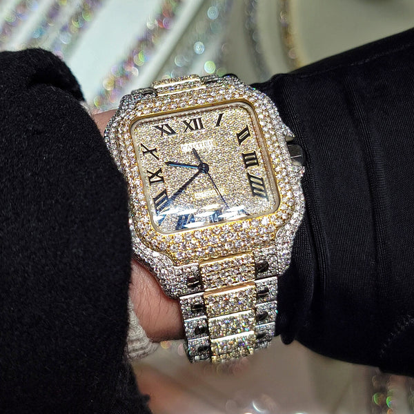 Custom 40mm 2-Tone Si1 Diamonds Iced Santos De Cartier