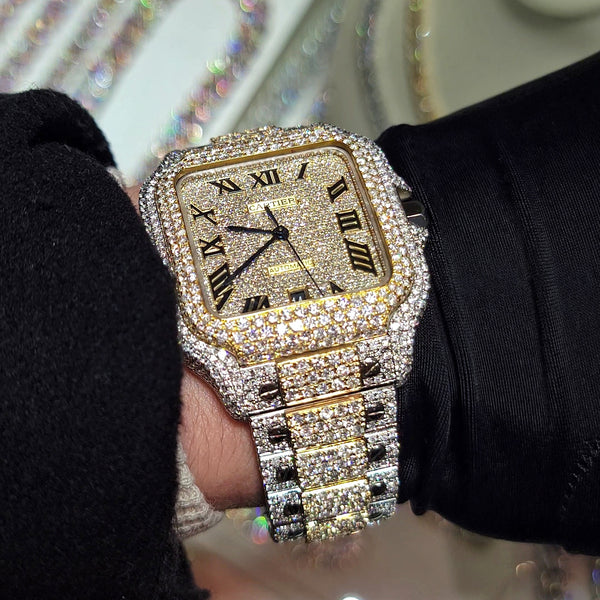 Custom 40mm 2-Tone Si1 Diamonds Iced Santos De Cartier